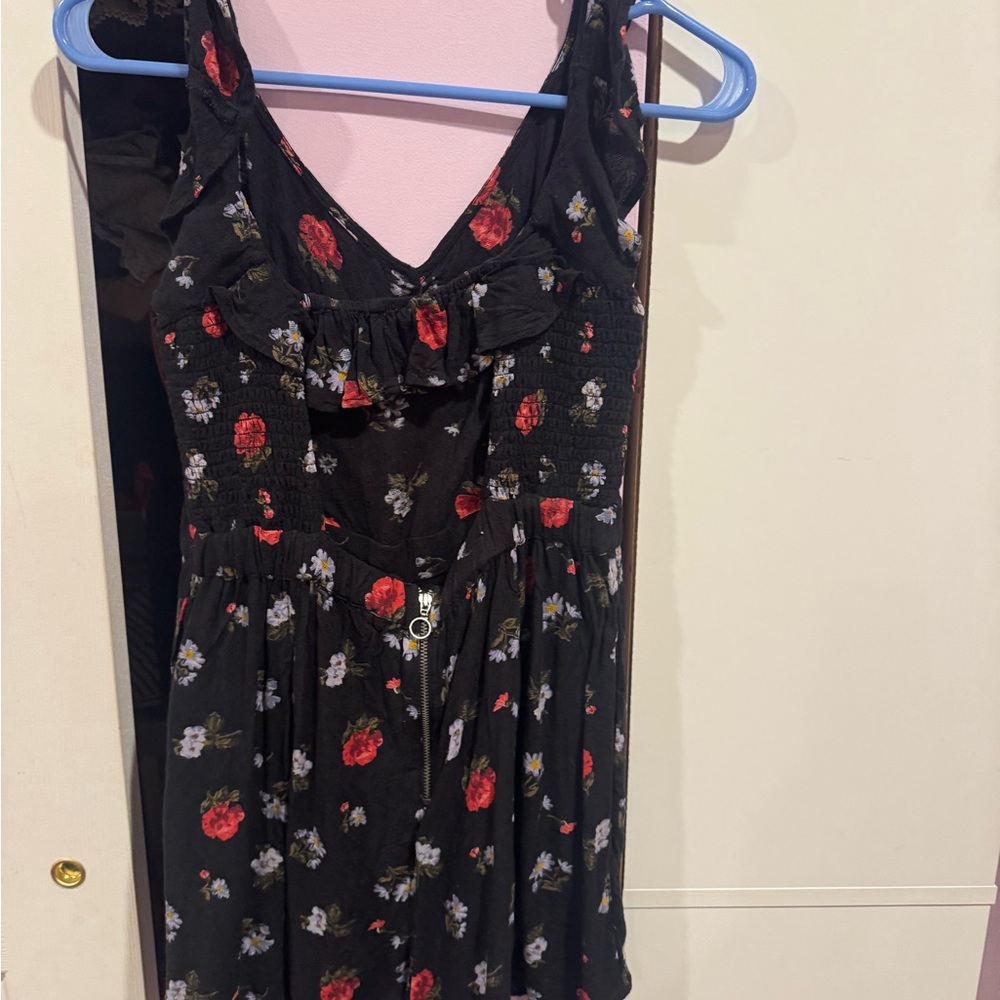 Floral Black Romper with Red and White Accents